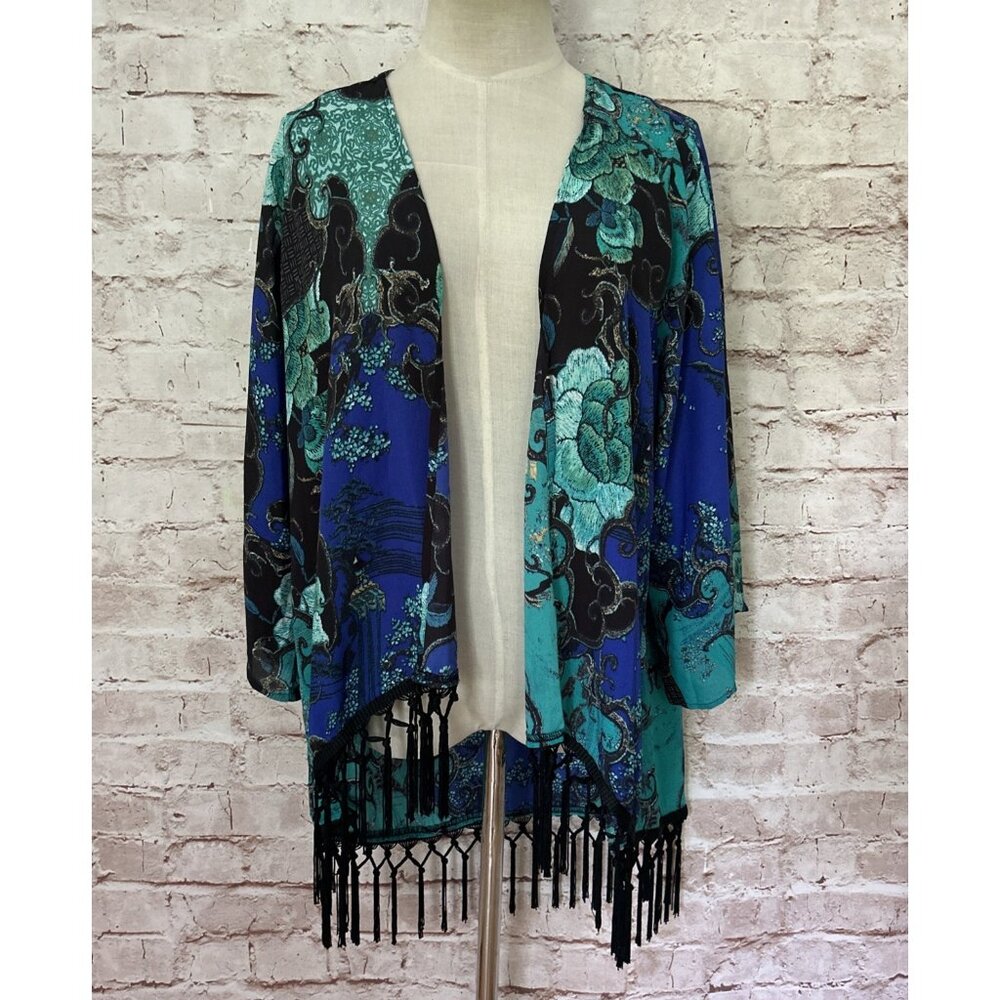 Chico’s Kimono Womens Size 1 (Small) Blue Green Japanese Print Fringe Trim Sheer